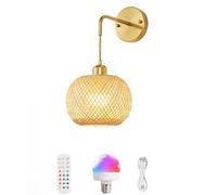 Rattan Wall Sconce Wireless Wall Lamp Rechargeable Battery Operated Cordless Sconce Wall Remote Control RGB Dimmable Lamp Round Vintage Decor Light Living,Black,1 Stück
