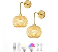 Rattan Wall Sconce Wireless Wall Lamp Rechargeable Battery Operated Cordless Sconce Wall Remote Control RGB Dimmable Lamp Round Vintage Decor Light Living,Black,2 Stück