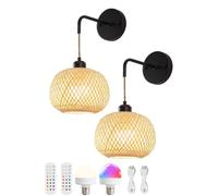Rattan Wall Sconce Wireless Wall Lamp Rechargeable Battery Operated Cordless Sconce Wall Remote Control RGB Dimmable Lamp Round Vintage Decor Light Living,Black,1 Stück