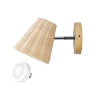 Rattan Wall Sconce with Rechargeable Color Changing LED Emergency Bulb, Boho Wooden Wall Lamp, Natural Woven Light Fixture for Bedroom, Bedside, Power Outage Ready Ambient Lighting