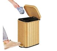 Rattan Waste Basket 6L Faux Woven Waste Bin Decor with Liner and Lid | Boho Trash Can for Workshop Dorm Pantry Laundry Kitchen Home Yellow