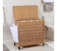 Rattan Weaving Laundry Hamper, Storage Laundry Basket with Removable Liner Bag and Side Pockets, Clothes Divider Sorter with Wheels for Bathroom, Bedroom, Living Room, Laundry Room