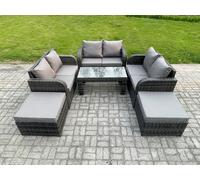 Rattan Wicker Garden Furniture Patio Conservatory Sofa Set with Rectangular Coffee Table Reclining Chair Love Sofa 2 Big Footstool Fimous Dark Grey One Size