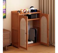 Rattan WiFi Router Storage Cabinet - Floor Standing Modem & Power Strip with Cable Management for Home & Office (23.6x38.6x9.8in)