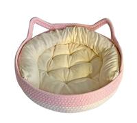Rattan Woven Cat Bed with Removable Cushion, 2-in-1 Woven Cat Baskets Bed with Soft Cushion Scratch-proof Kitten Cozy Round Wicker Basket for Cats & Small Dogs