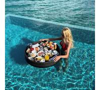 Rattan Woven Serving Tray - Floating Drink Holder with Handle 4-Hole Capacity Breakfast on The Water(Black,60CM)