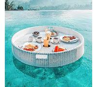 Rattan Woven Serving Tray - Floating Drink Holder with Handle 4-Hole Capacity Breakfast on The Water(White,60CM)