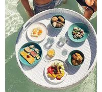 Rattan Woven Serving Tray - Floating Drink Holder with Handle 4-Hole Capacity Breakfast on The Water(White,80CM)