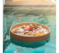 Rattan Woven Serving Tray - Floating Drink Holder with Handle 4-Hole Capacity Breakfast on The Water(Yellow,60CM)