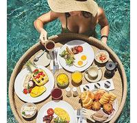 Rattan Woven Serving Tray - Floating Drink Holder with Handle 4-Hole Capacity Breakfast on The Water(Yellow,80CM)
