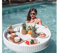 Rattan Woven Serving Tray,Swimming Pool Floating Tray Table, Water Surface Floating Disc, Multifunction Floating breakfast tray, Floating Food Plate for Outdoor Party,80CM-Brown (