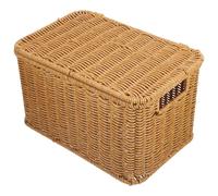 Rattan Woven Storage Basket with Lid for Laundry | Chic Organiser for Desktop or Bathroom Shelf, Handmade Natural Texture, Lightweight Design, Size 29x20x16cm