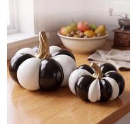 RattanView 2 Pack Large Size Resin Halloween Pumpkin Decor Set, Black and White Gothic Pumpkin Figurines, Fall Harvest Tabletop Decorations for Home Party Living Room Mantel Seasonal Decor