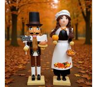 RattanView 2 Pcs Wooden Fall Scarecrow Nutcracker 14 Inch Wood Handmade Thanksgiving Nutcracker Figures Decor, Handmade Autumn Scarecrow Decoration for Fall Thanksgiving Christmas
