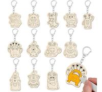 RattanView 24 Pcs Monster Craft Color Your Own Keychains DIY Craft Wooden Blank Keychains for Sunday School Classroom Home Active Party Favors Gifts, 12 Styles