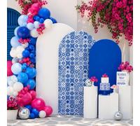 Rattanview 3 Pack Mama Theme Bachelorette Party Decoration Backdrop Arch | Dancing Queen Party Decor, Mediterranean Blue White Tile Fabric Cover, for Dancing Queen Disco 70s Birthday Wedding