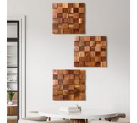 RattanView 3 Pcs 3D Wood Wall Art 11.8'' x 11.8'' Rugged Mosaic Wood Wall Decor Rustic Block Wooden Wall Art Vintage Brick Carved Wall Art for Living Room Bedroom Aesthetic, Ready to Hang