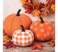 RattanView 3 Pcs Decorative Fabric Pumpkins Set Includes 20cm 16cm 12cm Orange & White with Patterns for Halloween Thanksgiving Farmhouse Table Mantel Autumn Home Decor(Spiral Pattern Mix)