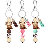 RattanView 3 Pcs Highland Cow Keychains, Cute Silicone Animal Cattle Print Beaded Keychains Christmas Party Birthday Gifts with Tassel for Cow Lover Men Women Teacher Farmer