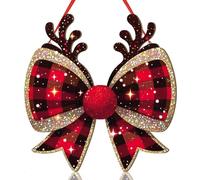 RattanView Christmas Bow Wooden Hanging Sign Red Plaid Reindeer Bow Wall Hanging Hanger Cute Preppy Wall Art Bowknot Welcome Door Sign Decor for Girls Room College Dorm Apartment Indoor Outdoor Porch