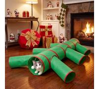 RattanView Christmas Tree Cat Tunnel 67" Collapsible Cat Play Tunnel Bed Red Green Pet Christmas Tree Toy with 6 Branch Exits, Pet Peekaboo Cave Tube Bed for Indoor Xmas Party Decoration
