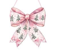 RattanView Christmas Tree Pink Bow Wooden Hanging Sign Coquette Bow Wall Hanging Hanger Xmas Cute Preppy Wall Art Bowknot Welcome Door Sign Decor for Room College Dorm Apartment Indoor Outdoor Porch