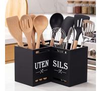 RattanView Large Kitchen Utensil Holder with 3 Compartments, Utensil Holder for Counter, Rustic Black Kitchen Decor Tools Gift Wooden Countertop Cutlery Caddy Spoon