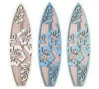 RattanView Pack of 3 Hibiscus Surfboard Decor for Bedroom Wooden Beach Wall Decoration Summer Wood Surfboard Wall Hanging Sign for Tropical Living Room Decoration (Blue)