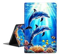 RAUEDWDJS for iPad 10.2 case 2021 Generation 9th/8th/7th Release,PU Leather Slim Standing Smart Cover with Auto Sleep/Wake-Happy Dolphin