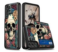 RAUEDWDJS for Samsung Galaxy S21 FE 5G Wallet Case, Galaxy S21 FE 2022 Case with Card Holder Slot, Dual Layer Hybrid Soft TPU & Hard PC Shockproof Cover for Women Girls, Sugar Skull