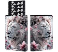 RAUEDWDJS Pop Up Wallet Women Men with Money Slot,RFID Blocking Leather Minimalist Automatic Credit Card Holder Business Trifold Card Case, Cherry Blossom Lion