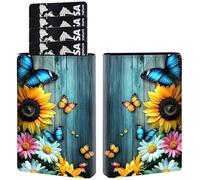 RAUEDWDJS Pop Up Wallet Women Men with Money Slot,RFID Blocking Leather Minimalist Automatic Credit Card Holder Business Trifold Card Case, Wood Grain Butterfly Sunflower