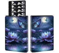 RAUEDWDJS Pop Up Wallet Women Men with Money Slot,RFID Blocking Leather Minimalist Automatic Credit Card Holder Business Trifold Card Case, Purple Flower Butterfly