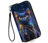 RAUEDWDJS Women's Wallets,Credit Card Holder Money Leather Long Wallet with Wristlet,Large Capacity with Zip-Around Phone Purse for Women Ladies Girls, Luminous Black Cat, American