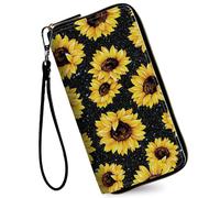 RAUEDWDJS Women's Wallets,Credit Card Holder Money Leather Long Wallet with Wristlet,Large Capacity with Zip-Around Phone Purse for Women Ladies Girls, Glitter Sunflower, American