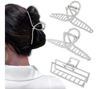 Rauimour 3pcs Hair Claw clips for Women, Metal Silver Large Hair clips for Thick Thin Hair, Geometric Cross Square Jumbo Catch Barrette Clamps , Fashion Hair Accessories Nonslip Hairgrip