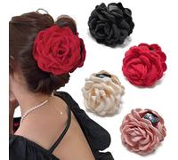 Rauimour 4 Pack Handmade Fabric Rose Flower Hair Claw Clip for Women Girls, Elegant Boho Chic Solid Color Floral Hairpins Barrettes for Thick Thin Hair Accessories Holiday Gift