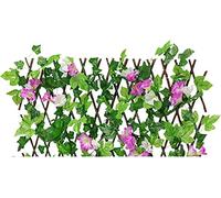 RAUKS Artificial Flower Leaves Fence, Artificial Hedge Screening with Flowers, Expandable Faux Privacy Fence, Wooden Garden Trellis Fence Screen for Gardens, Balcony and Terraces (Purple)