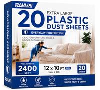 Raulde 20 Pack Extra Large Plastic Dust Sheets for Decorating 3.6 x 3m (12 x 10ft), Light Dust Sheet for Painting & Furniture - Plastic Sheet - Plastic Sheeting - Decorating Sheets - Dust Cover