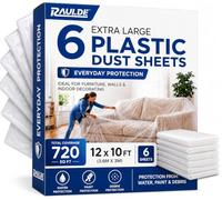 Raulde 6 Pack Extra Large Plastic Dust Sheets for Decorating 3.6 x 3m (12 x 10ft) - Dust Sheet for Painting & Furniture - Plastic Sheet - floor covering for painting - Dust Cover - Home Improvement