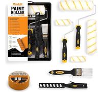 RAULDE 10 Pieces Paint Roller Set - Includes a Paint Tray, Brush, Large and Mini Rollers & Sleeves, Paint Repellent Masking Tape, Paint Mixer - Roller Set for Painting Walls, Edges & Ceilings