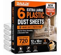 RAULDE Plastic Dust Sheets for Decorating Heavy Duty 12x10FT - 6 Pack Clear Plastic Sheeting -Waterproof Floor Protection Sheet for Painting, Furniture Cover & DIY - Polythene Sheets