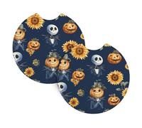 Raunew 2 Pcs Car Cup Holder Coaster, 2.75 Inch Vintage Halloween Skull Pumpkin Anti-Slip Car Coasters for Cup Holders, Shockproof Cup Holder Insert Car Accessories Interior for Car SUV