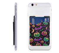 Raunew Phone Wallet Stick On, Colorful Bats Pumpkins Moons Halloween | Cell Phone Card Holder Pocket for Back Adhesive Credit Card Holder Non-Slip of Phone Case for All Smartphones, Fit 4 Cards