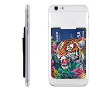 Raunew Phone Wallet Stick On, Cool Tiger Wild Animals Colorful Flower Cell Phone Card Holder Pocket for Back Adhesive Credit Card Holder Non-Slip Of Phone Case for All Smartphones, Fit 4 Cards
