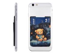 Raunew Phone Wallet Stick On, Cute Bear Cartoon Vintage Space Star Cell Phone Card Holder Pocket for Back Adhesive Credit Card Holder Non-Slip Of Phone Case for All Smartphones, Fit 4 Cards