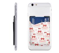 Raunew Phone Wallet Stick On, Cute Cake Bow Pink Pattern Cell Phone Card Holder Pocket for Back Adhesive Credit Card Holder Non-Slip of Phone Case for All Smartphones, Fit 4 Cards
