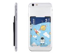Raunew Phone Wallet Stick On, Cute Cartoon Astronauts Planets Rockets Cell Phone Card Holder Pocket for Back Adhesive Credit Card Holder Non-Slip of Phone Case for All Smartphones, Fit 4 Cards