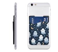 Raunew Phone Wallet Stick On, Cute Cartoon Ghosts With Stars Moons Cell Phone Card Holder Pocket for Back Adhesive Credit Card Holder Non-Slip of Phone Case for All Smartphones, Fit 4 Cards