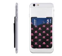 Raunew Phone Wallet Stick On, Cute Pink Skull And Bones Cell Phone Card Holder Pocket for Back Adhesive Credit Card Holder Non-Slip Of Phone Case for All Smartphones, Fit 4 Cards